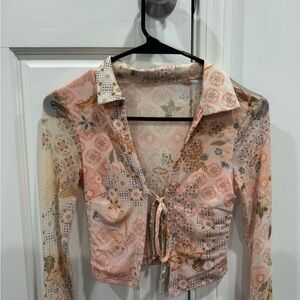 Source Unknown Floral Lace-Up Blouse in Pink and Cream